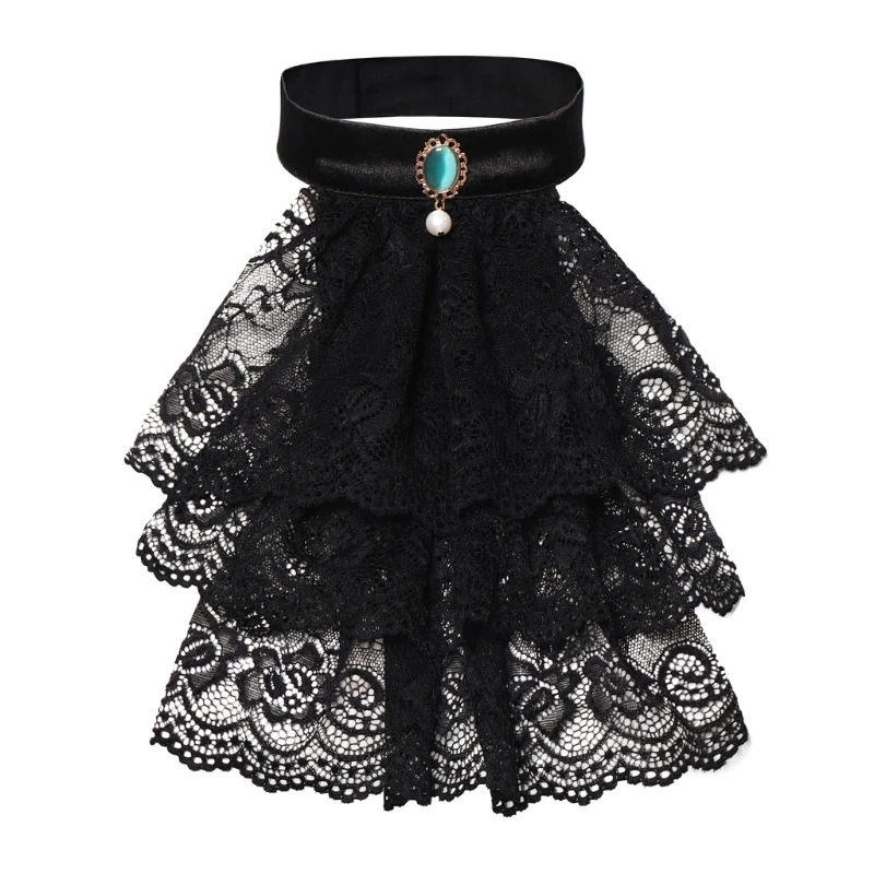 Medieval False Collar with Crystal Victorian Colonial Jabot Ruffled Lace Detachable Collar Necktie Halloween Costume