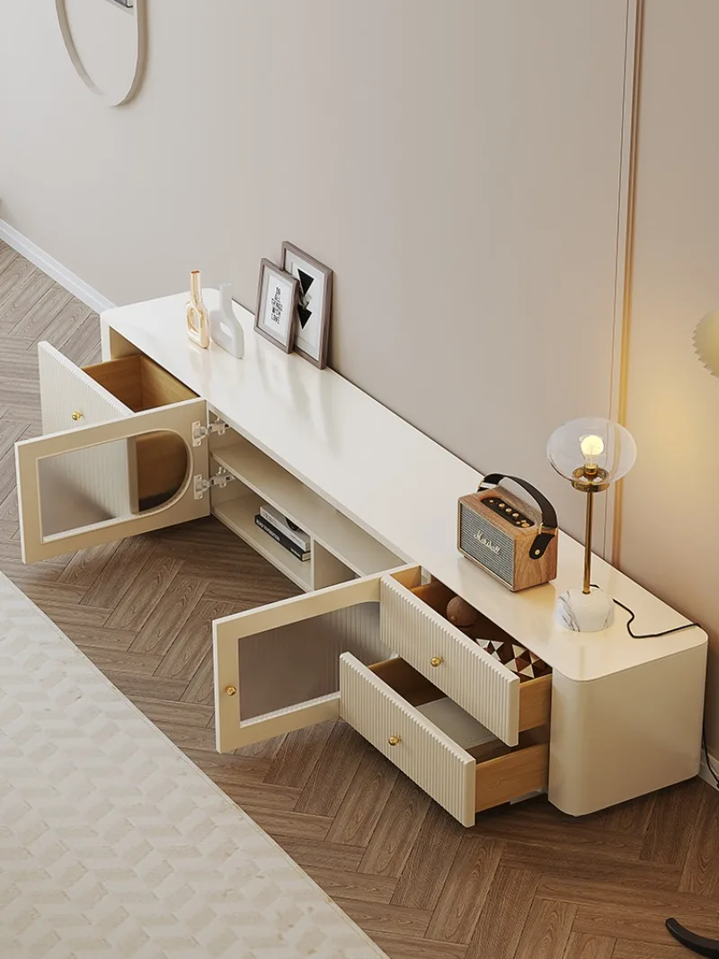 طاولة قهوة تلفزيون كريمية الرياح مزيج بسيط وحديث من الخشب الصلب الفرنسي والحليب الأبيض وخزانة تلفزيون على الأرض #5