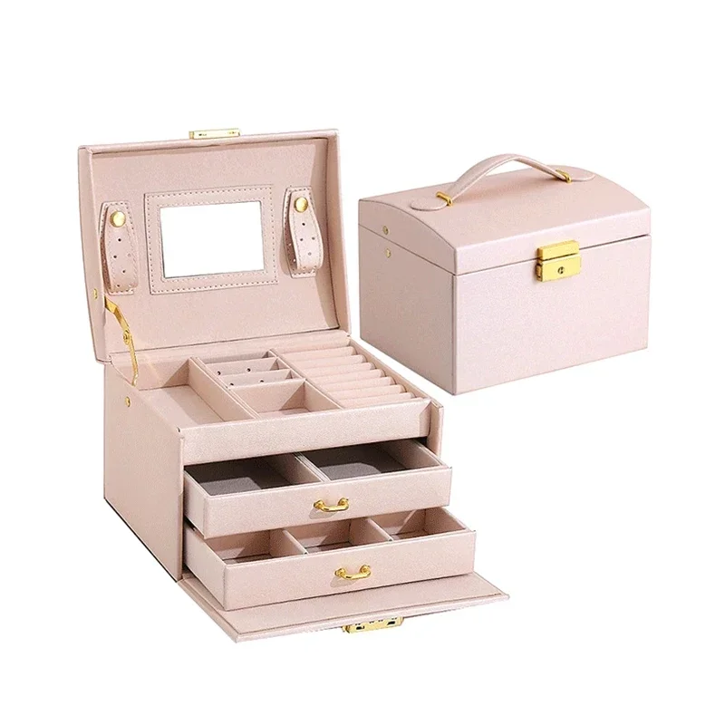 Three-layer Locked Jewelry Box European Wedding Gift Simple Wooden Jewelry Earrings Bracelet Ring Storage Box