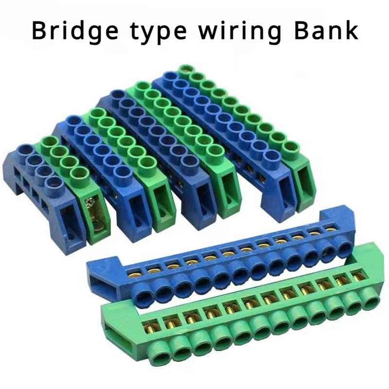 Blue White Green Bridge Design Zero Line 4-12 Pole Screw Brass Copper Grounding Strip Terminal Block Connector Earth And Neutral