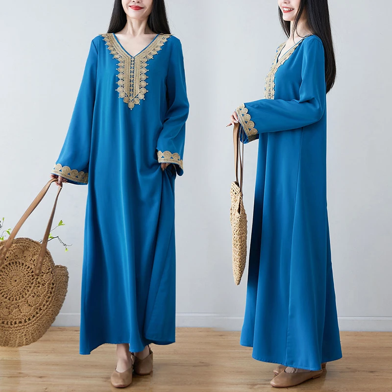 

Длинное трапециевидное платье с вышивкой Ele V-Neline для похудения, большие размеры, женская модная одежда для поездок на работу, осенняя одежда, повседневная одежда Dr