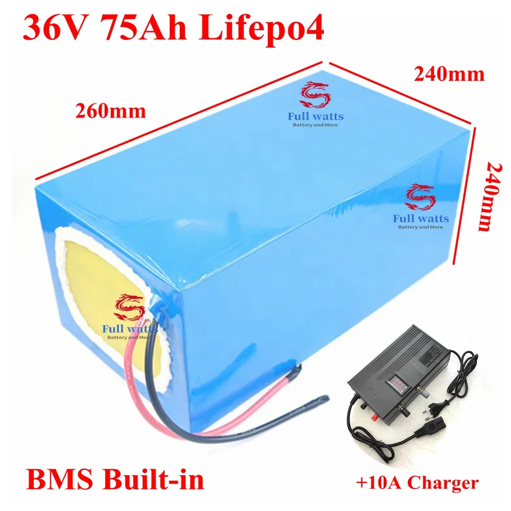 Rechargeable LiFePO4 36v 75ah lithium battery pack with BMS 12S for 3000W electric power tools energy storage system+10A Charger