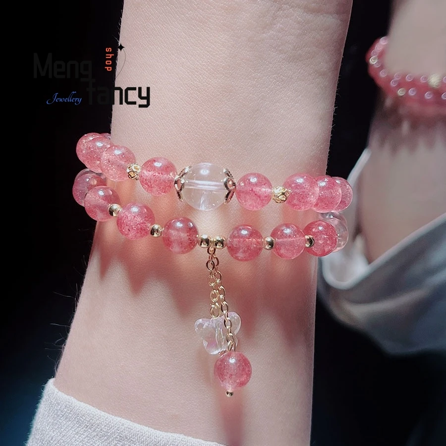 Simple Temperament Double Circle Strawberry Crystal Bracelet Female Summer White Crystal Lucky Beads Butterfly Tassel Jewelry