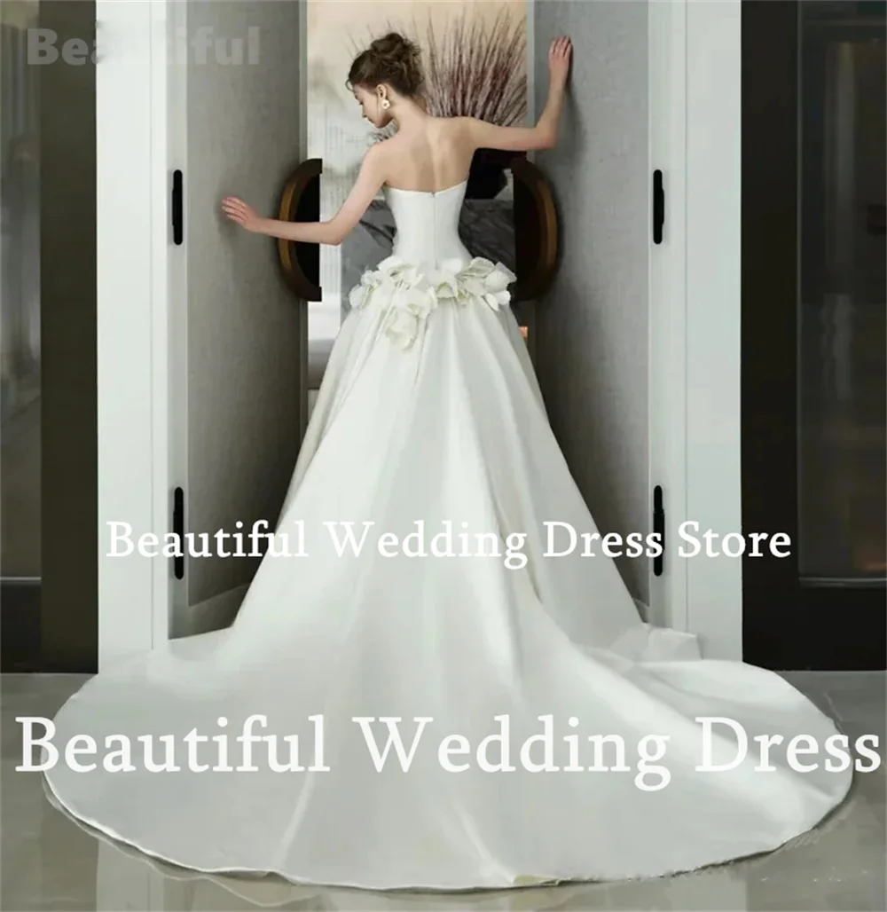 New Gorgeous Wedding Dress Strapless Flowers Applique A-Line Pleats Satin Bridal Dress 2024 Floor-Length Women Vestidos De Mujer