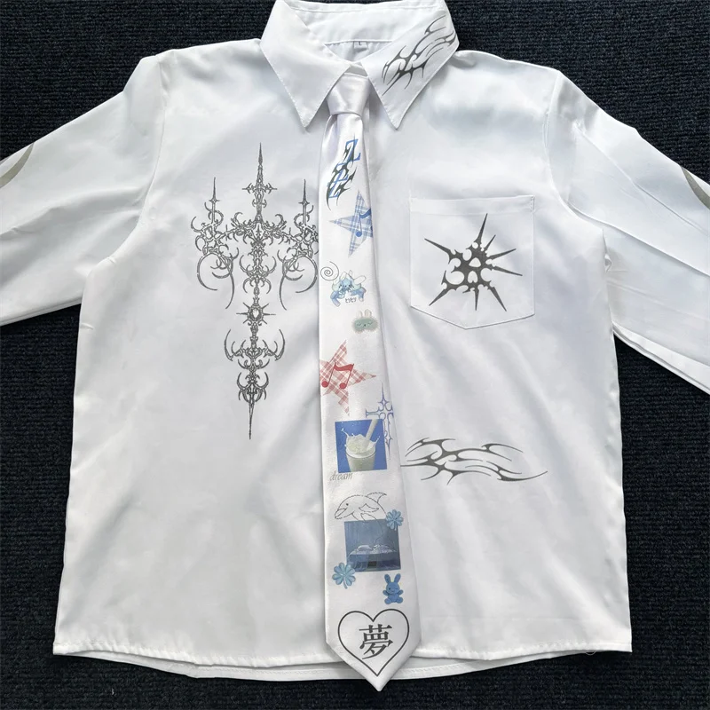 Y Demo Retro Dreamcore Blue Dream Print Handmade Tie Kawaii Cartoon Heart Pattern Shirt Neck Tie