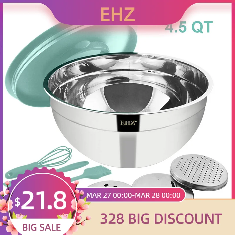 

Mixing Bowl Stainless Steel Salad Mixer Bowl 4.5QT with Lid and 3 Grater Attachments for Kitchen Cooking Baking & Food Container