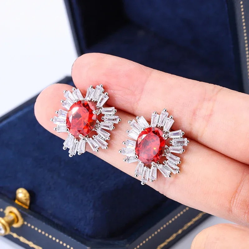 Luxurious S925 Silver Plated Red Sunflower Earrings Super Shiny AAAA White Full Diamond Zircon Earrings Attended Banquet Jewelry