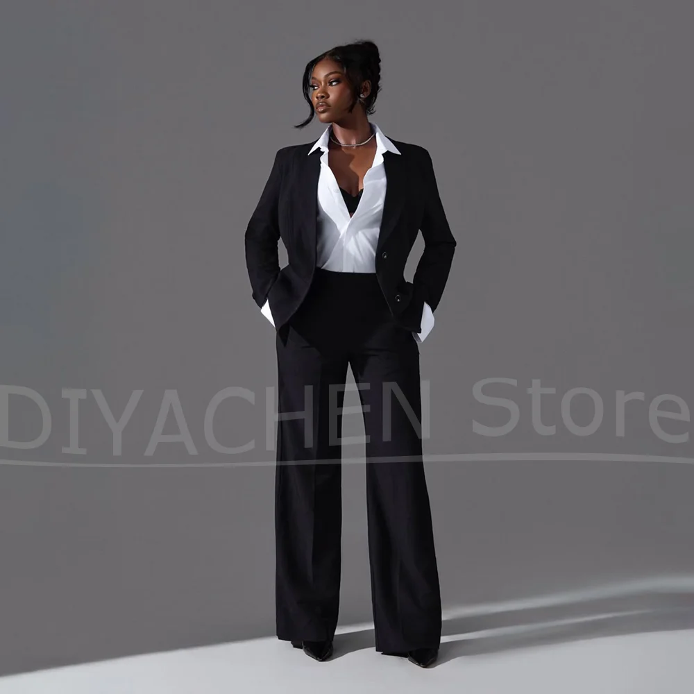Black Single Breasted Women Suit Blazer And Wide Leg Pants Elegant Formal Office Business Lady Party Fashion Two Piece Outfit