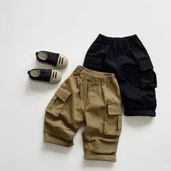 Autumn New Children Loose Trousers Baby Girls Pocket Cargo Pants Fashion Boys Versatile Casual Pants Kids Solid Wide Leg Pants