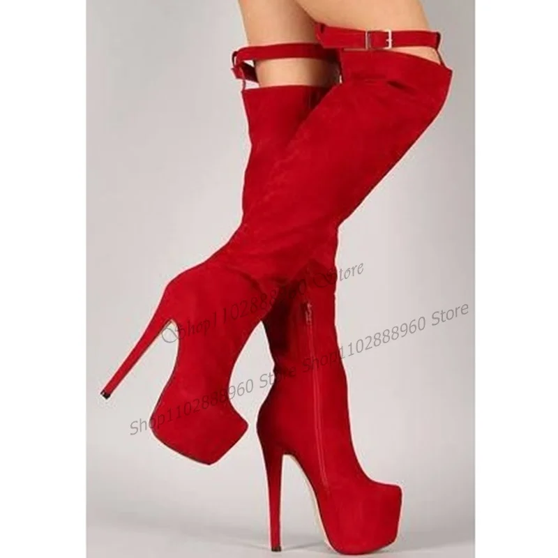 Red Flock Platform Belt Buckle Decor Boots Knee High Thin High Heel Women Shoes Side Zipper Pointed Toe 2023 Zapatos Para Mujere