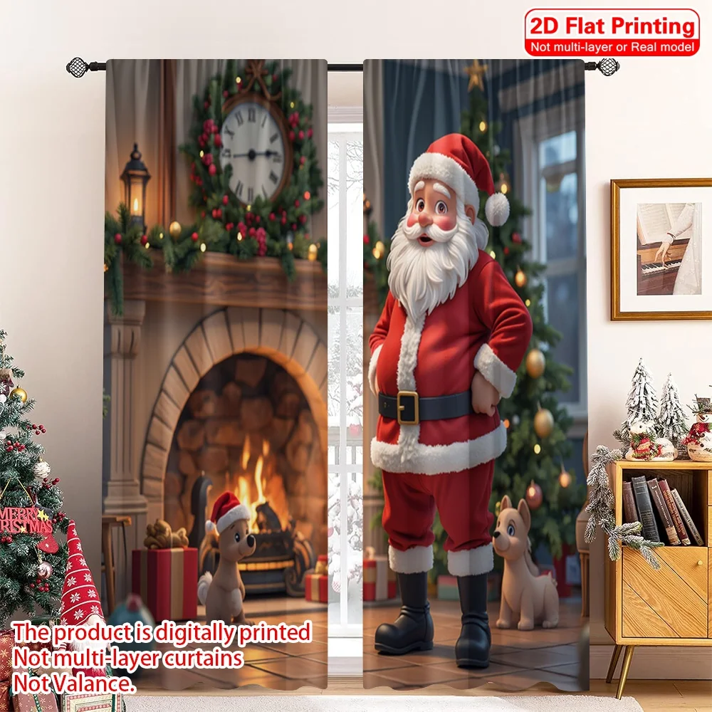 

2pcs 2D flat printing Merry Christmas Scene Curtains Santa Claus Christmas Stocking Fireplace Fabric Without Electricity 0 for