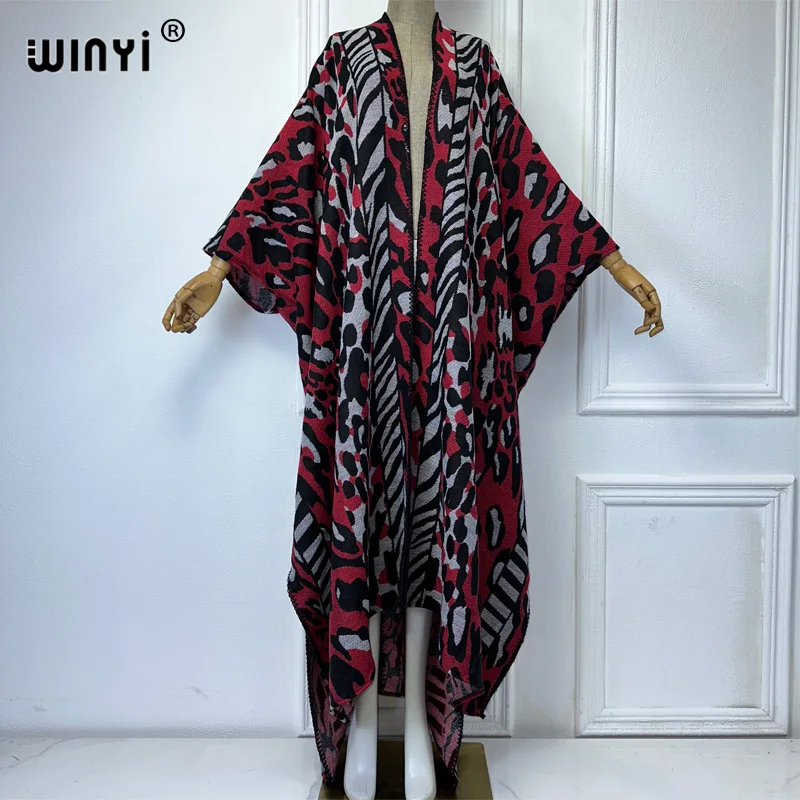 WINYI Leopard print African wonmen Winter long down cardigan maxi party dress Female abaya outwears coat Open Front Loose Kimono