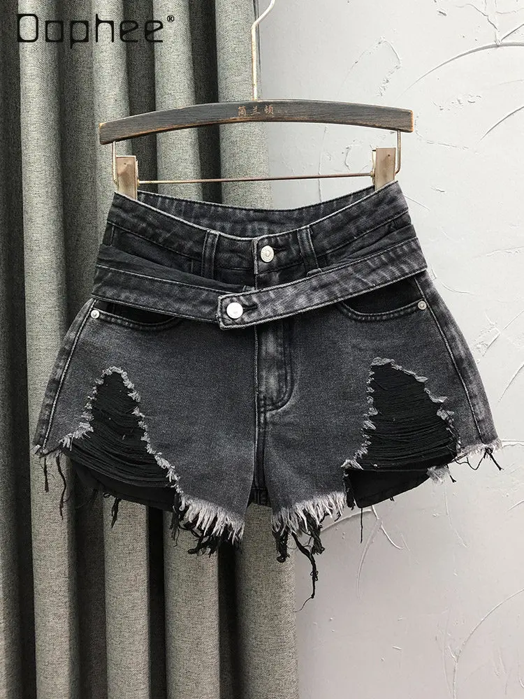 Personalized Street Black Ripped High-waisted Denim Shorts Women Summer Fashion Trend A-line Rough-edged Fringed Wide-leg Pants