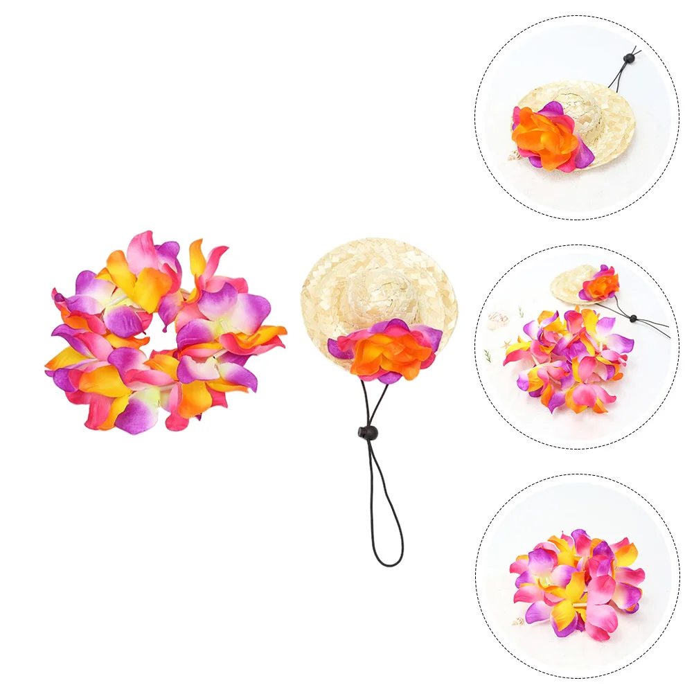 

1 set Clothing Hawaiian Straw Hat Fabric Garland Dog Vacation Costumes Photo Prop Pet Party Outfit Themed Dog Clothes Adjustable