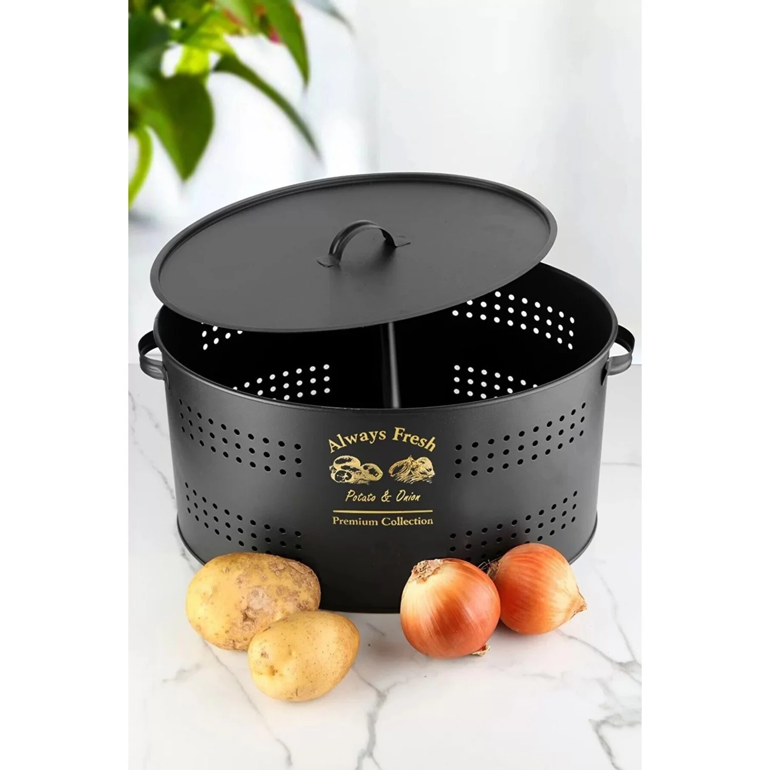 

Metal Potato Onion Bucket Storage Box 18Ltr Fresh Vegetable Kitchen Utensil Luxury 2 Section Organizer Container