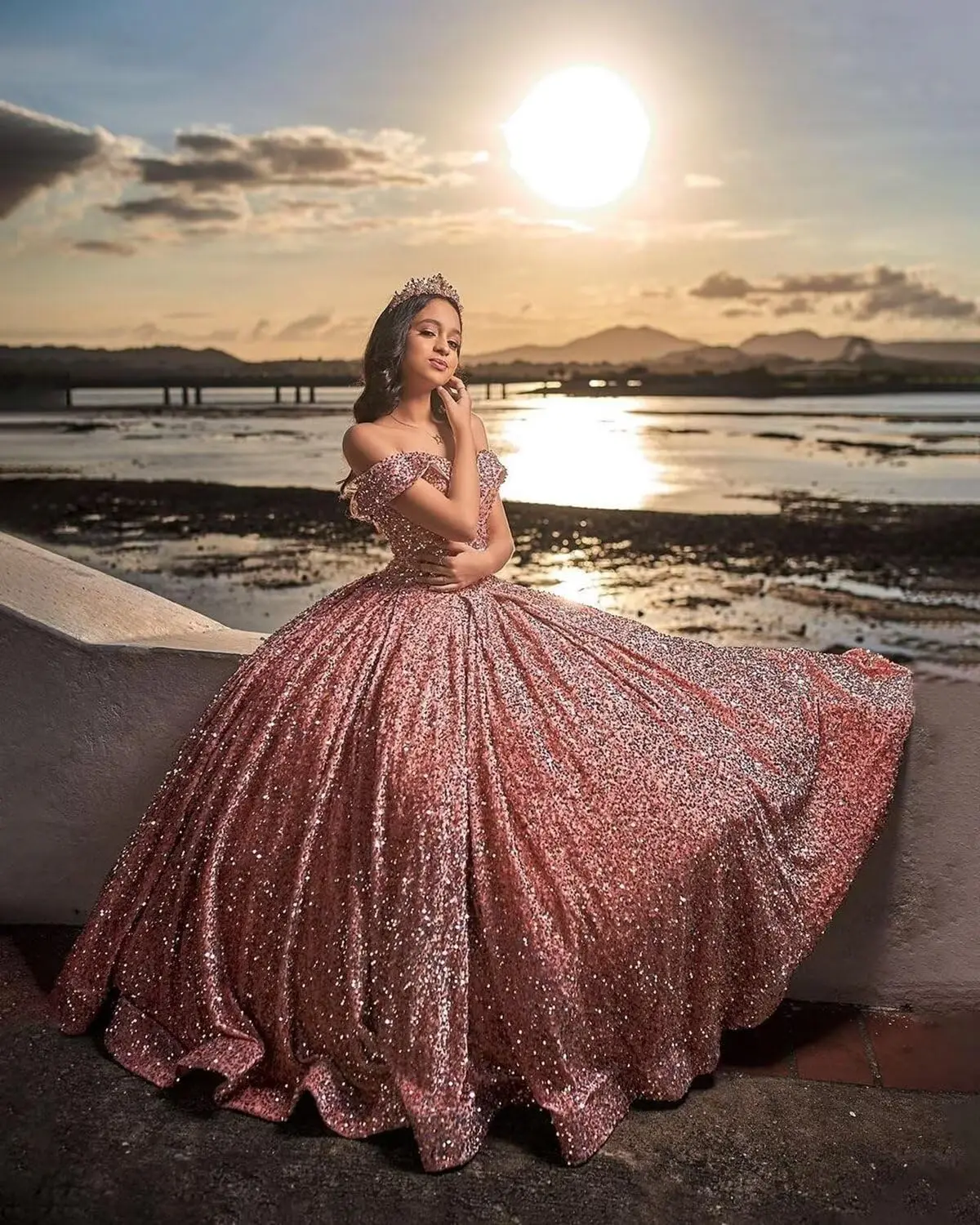 

Women's Sequin Ball Gown Sparkly Quinceanera Dresses Off Shoulder Puffy Sweet 16 Dresses