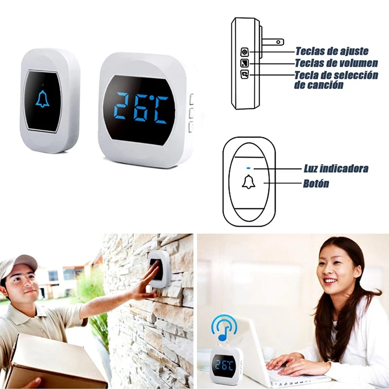 Wireless Doorbell With Plug In Receiver And Button Transmitter + Room Thermometer With Temperature Display US Plug