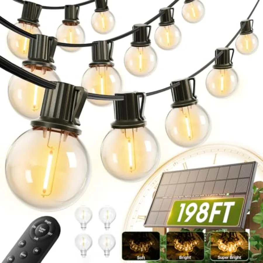 198Feet Solar String Lights Outdoor, Waterproof, USB Charging Dimmable, 3 Light Modes, Remote, 60+4 LED Bulbs, Easy Install, Id