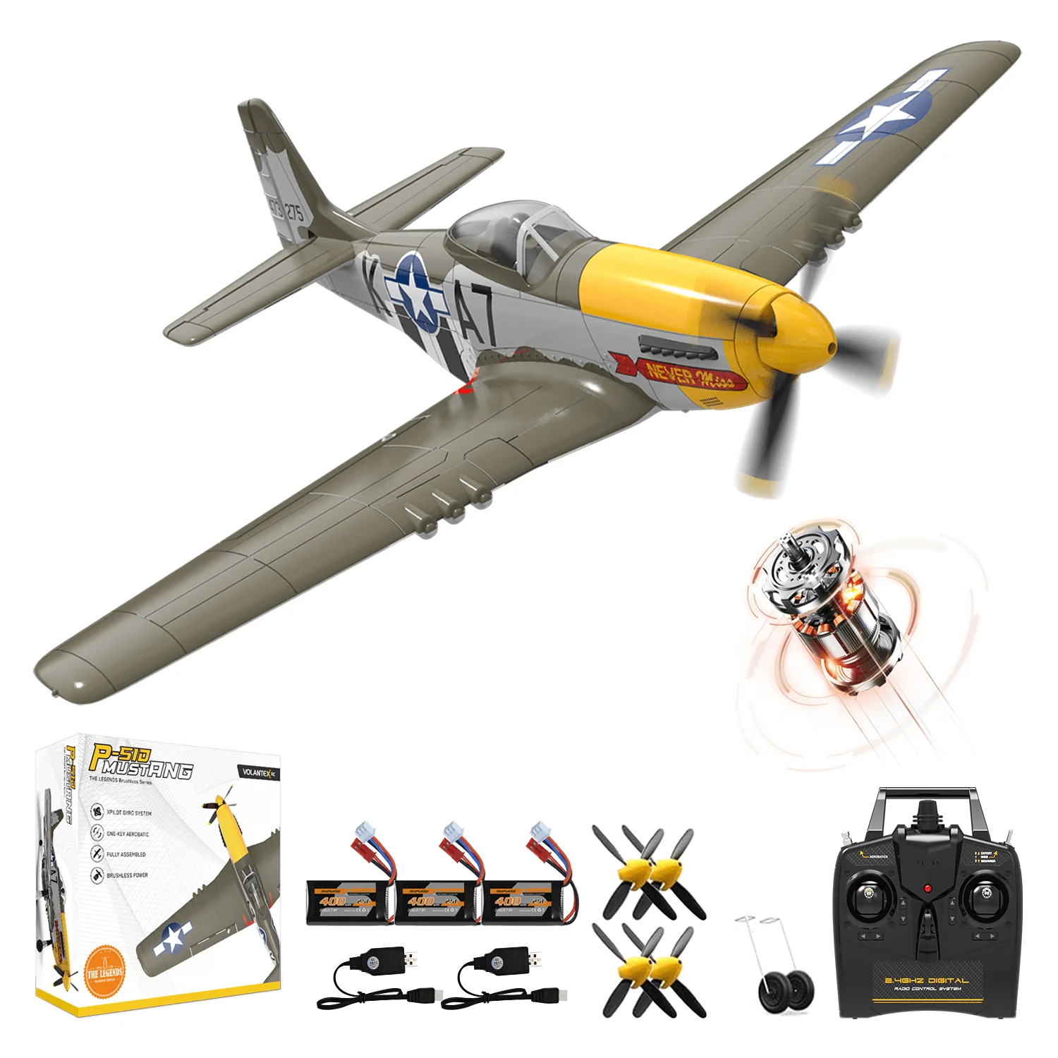 Volantex 500mm RC Plane,Brushless P-51 Mustang RTF RC plane,One-Key Aerobatic, Stable and Safe,Suitable for Outdoors and gifts
