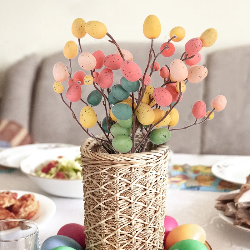 1pcs Easter Colorful Egg Tree Branches Foam Egg Plastic Branches with Leaves Easter Artificial Flower Tabletop Decor Home Supply
