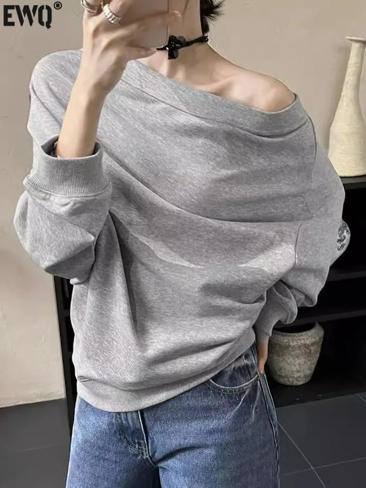 

[EWQ] Simple Fashion Style Full Sleeve Sexy Slash Neck T-shirt Folds Solid Tops Beautiful Women's Clothing 2024 Autumn New GZ484