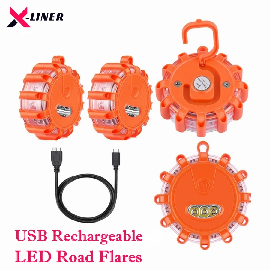 USB Rechargeable LED Road Flares Emergency Lights Roadside Warning Car Safety Beacon Flashing Disc Flare Kit with Magnetic Base