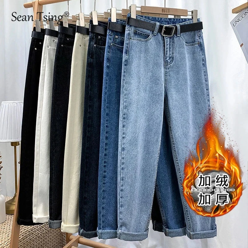 

Sean Tsing® Fleece Warm Thicken Jeans Women High Waist Blue Black Casual Loose Denim Baggy Pants Streetwear Cowboys Panties