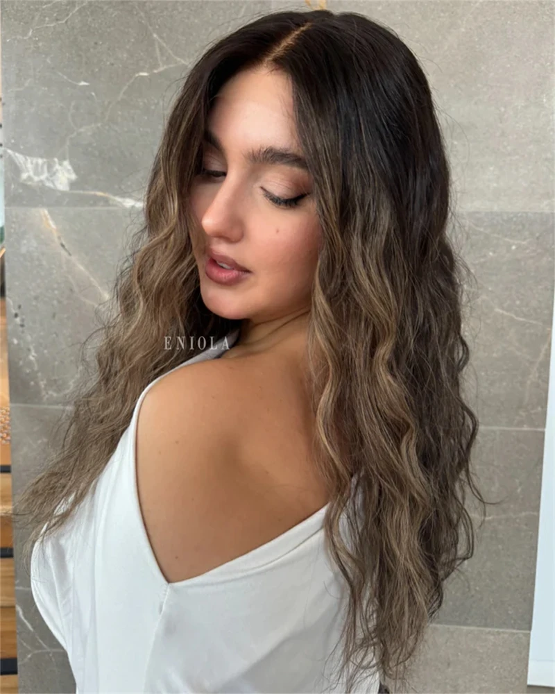 Ombre Brown Blonde Synthetic HD Lace Front Wig Natural Preplucked Hairline Futura Fiber 13x4 HD Transparent Blend 5% Human Hair