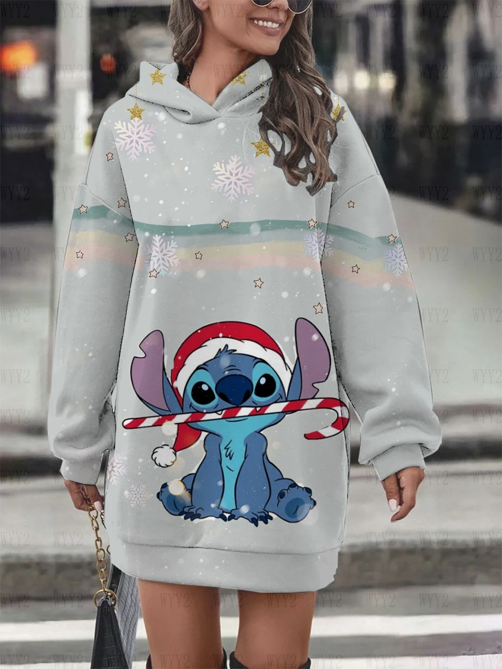 New Women\'s Disney Series Christmas Stitch Printed Pullover Sweatshirt Hooded Dress Casual Fashion Women\'s Clothing