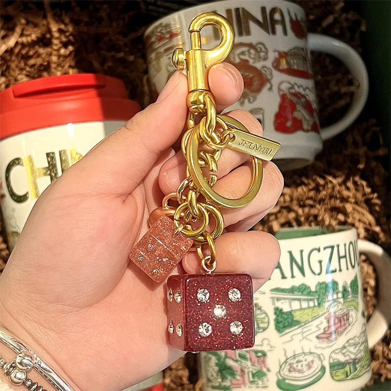 New Hot-selling Good Luck Dice String Crystal Epoxy Gold Foil Resin Keychain Fashion Bag Key Chain Bag Purse Accessories