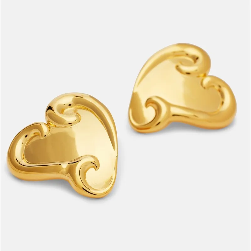 Os Minimalist Glossy Gold-plated Heart Earrings, Swirl Rolled Edge 3D Solid Heart Studs Earrings, Daily Ear Jewelry for Her
