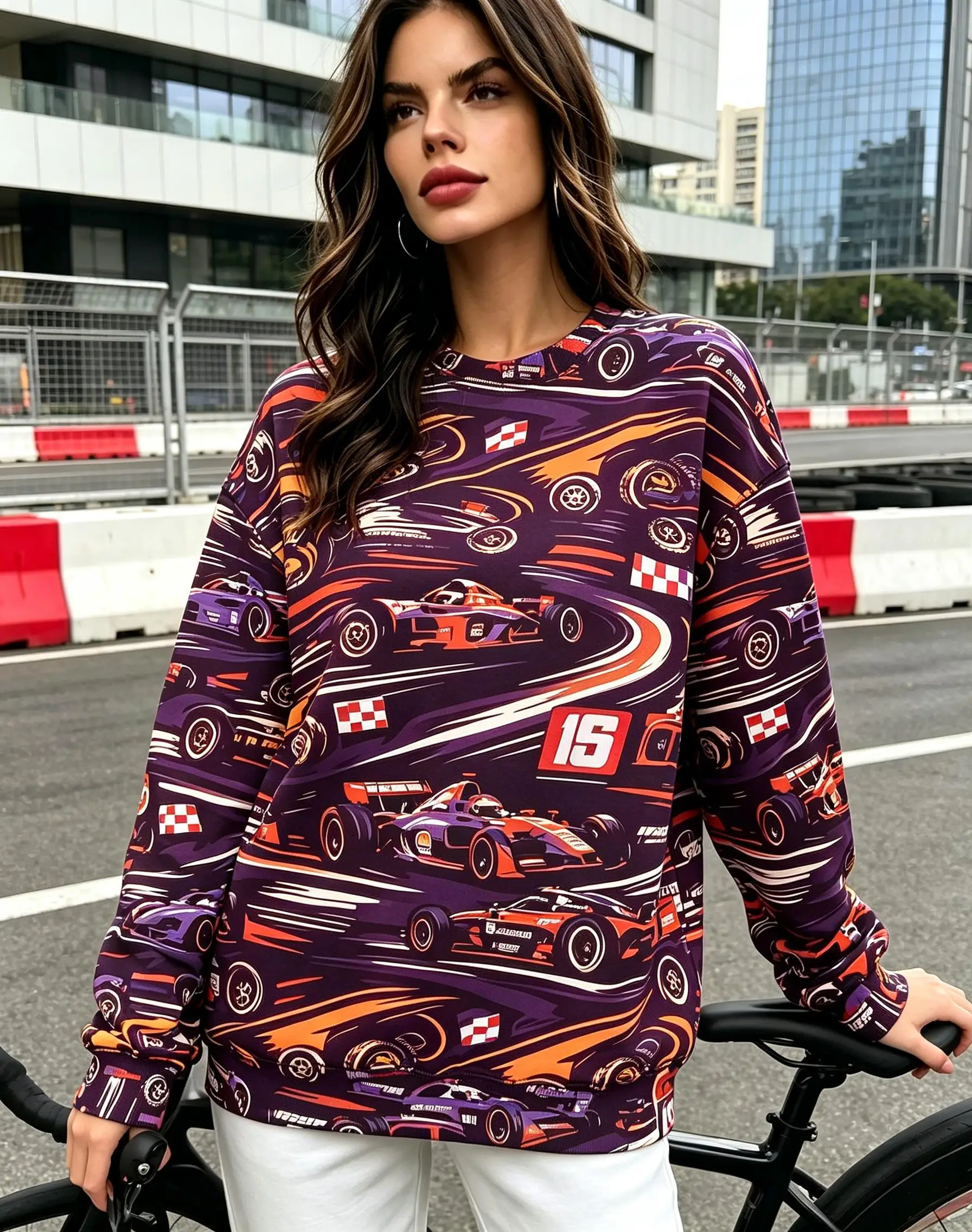 Women Crew Neck Fleece Sweatshirt Racing Car F1 Checkered Flag Race Track Print Long Sleeve Loose No Hood Warm Pullover view 3