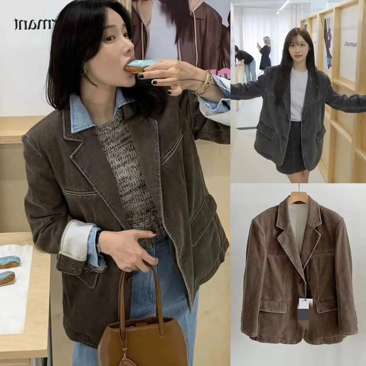

Vintage Faded Corduroy Suit Jaet Women's Outerwear Spring 2025 Long Sve Commute Sle Classic Cut Single-breasted Coat