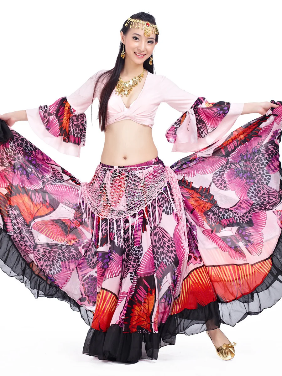 Zigeuner Swing Rok Chiffon Grote Cirkel Buikdans Kostuum Outfit Print Choli Top Wrap Blouse Hoorn Mouw Danser Performance Show