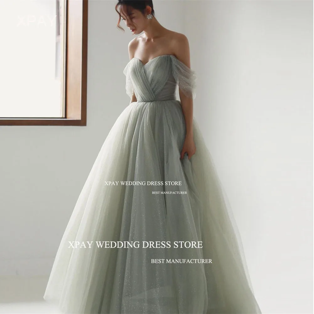 XPAY Sparkly Light Green A Line Korea Evening Party Dresses Shiny Tulle Customised Wedding Photo Shoot Belt Bride Party Gown