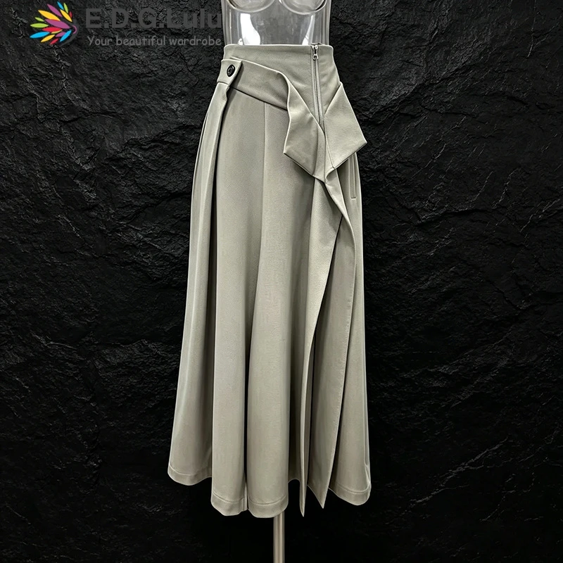 EDGLuLu 2026 Spring New Design High Waisted Zipper Irregular Long Skirt Woman Casual Street Commuting Loose Black Skirt 0506