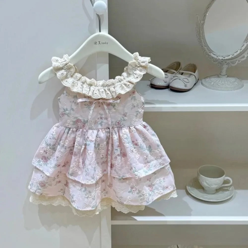 

Летнее платье для девочек 2026 года + шляпка, милое кружевное платье без рукавов с цветами, праздничное платье принцессы на день рождения, детская одежда, Vestidos