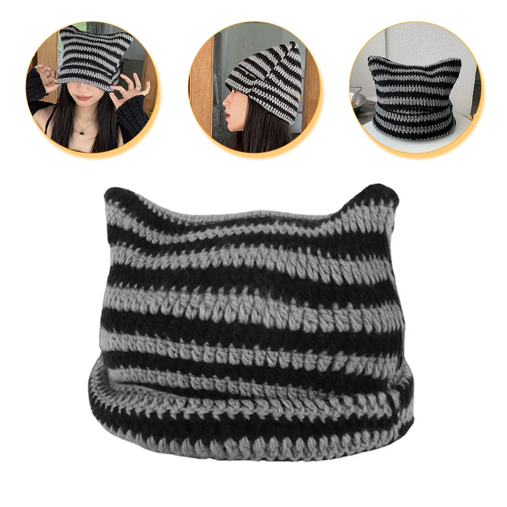 

Шапка-бини с кошачьими ушками для женщин, теплая вязаная зимняя шапка, модный модный термоголовной убор, повседневный уличный аксессуар
