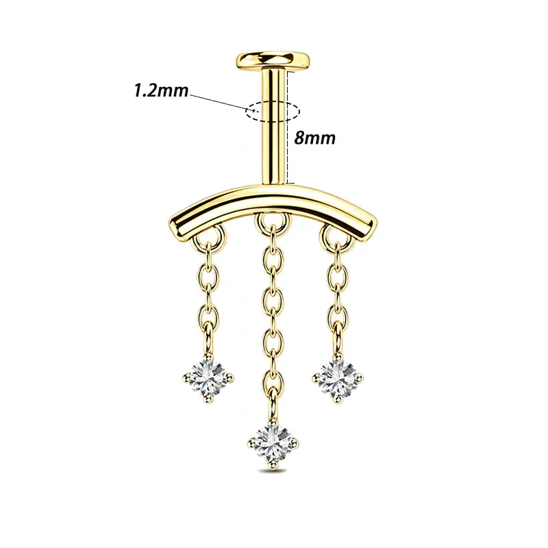 1 Stück/Set 316L Stahl Innengewinde-Ohrstecker mit Kupfer-Dreifachkette und Zirkonia-Anhänger, Helix-Lippenpiercing, Unisex, Trendig – Detail 4