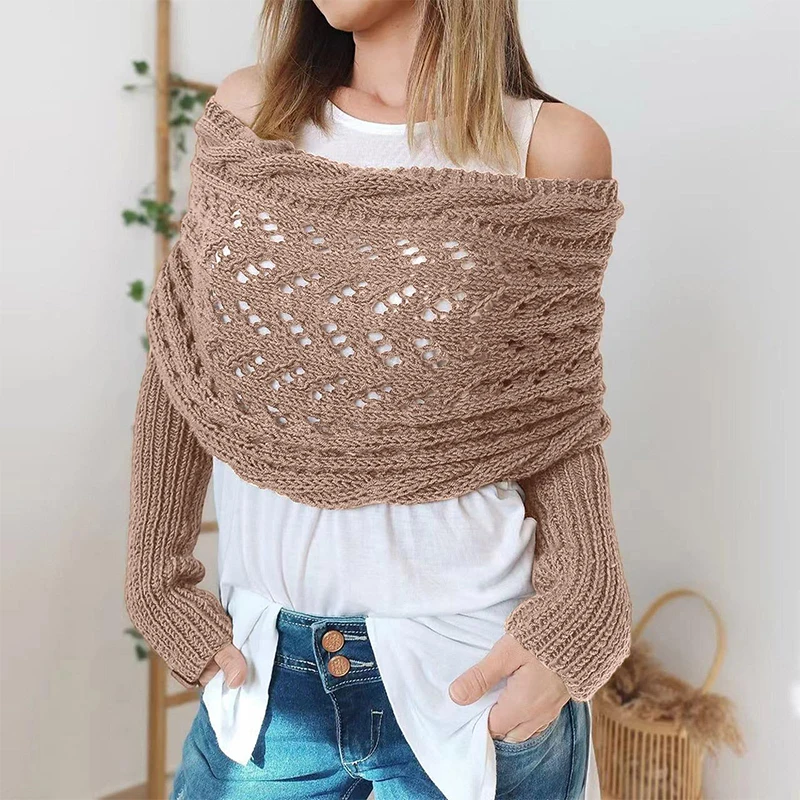 Braided Design Sleeved Wrap With Sleeves Solid Color Hollow Twist Crochet Pattern Women Shawl Scarf Bohemian Style Sweater Scarf