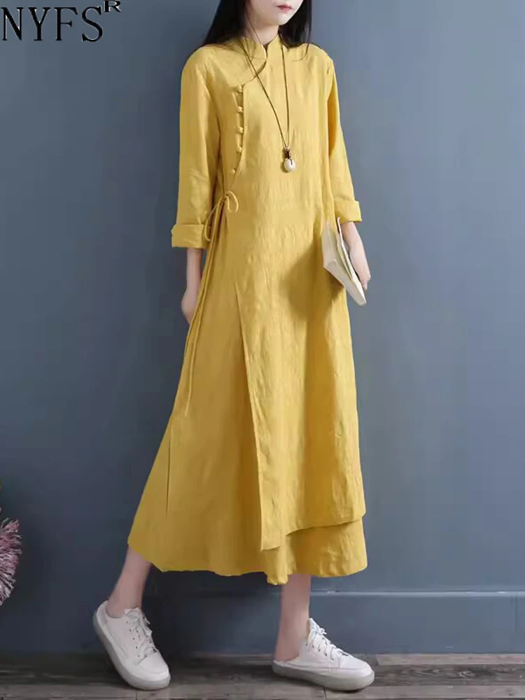 NYFS 2024 Spring Autumn New Womens Dresses Vestidos Robe Elbise Loose Plus Size Cotton Linen Double Layer Long Dress