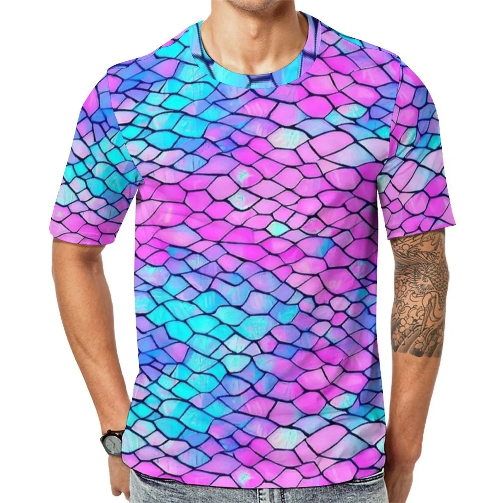 Plus Size T-Shirt Summer Iridescent Pink Blue Mermaid Scale T-Shirts  Basic O Neck Tee Shirt Couple Harajuku Design Top Tees
