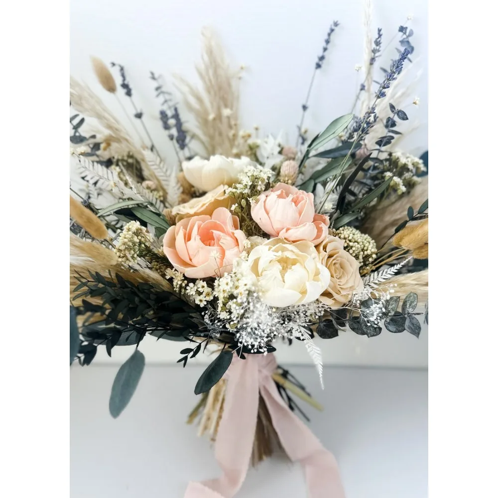 Blush Peony + Wildflower, Eucalyptus, Pampas Grass Bouquet/ Bride and Bridesmaids/ Dried Flower Bouquet/ Wedding Flowers