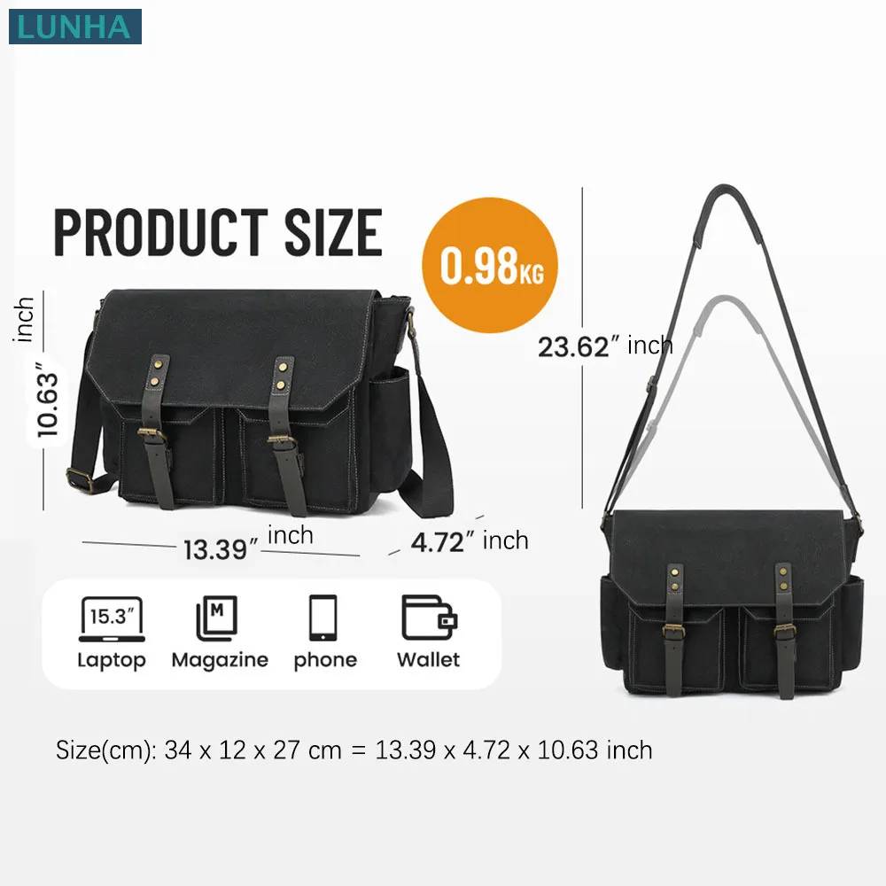 Men's Vintage Messenger Bag Waterproof PU Leather Crossbody Shoulder Bags Laptop Briefcase for Business Travel Work Commute