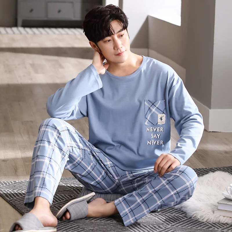 2023 Autumn New Cotton Long Sleeved Pullover Men Pajamas Round Neck Big Size Casual Men Sleepwear pyjama homme Dropship