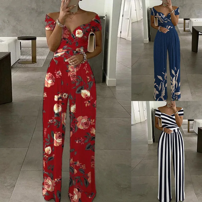 Jumpsuit pinggang tinggi wanita, baju terusan bercetak satu bahu elegan kasual untuk perempuan 2024