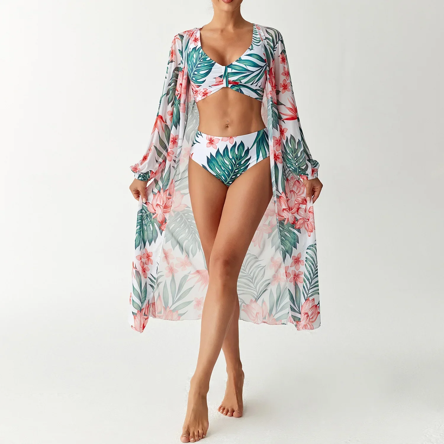 

3 Pieces High Waisted Bikinis 2025 Women With Kimono Beach Wear Printed Swimsuit Sexy Swimwear Female Bathing Swimming Suits