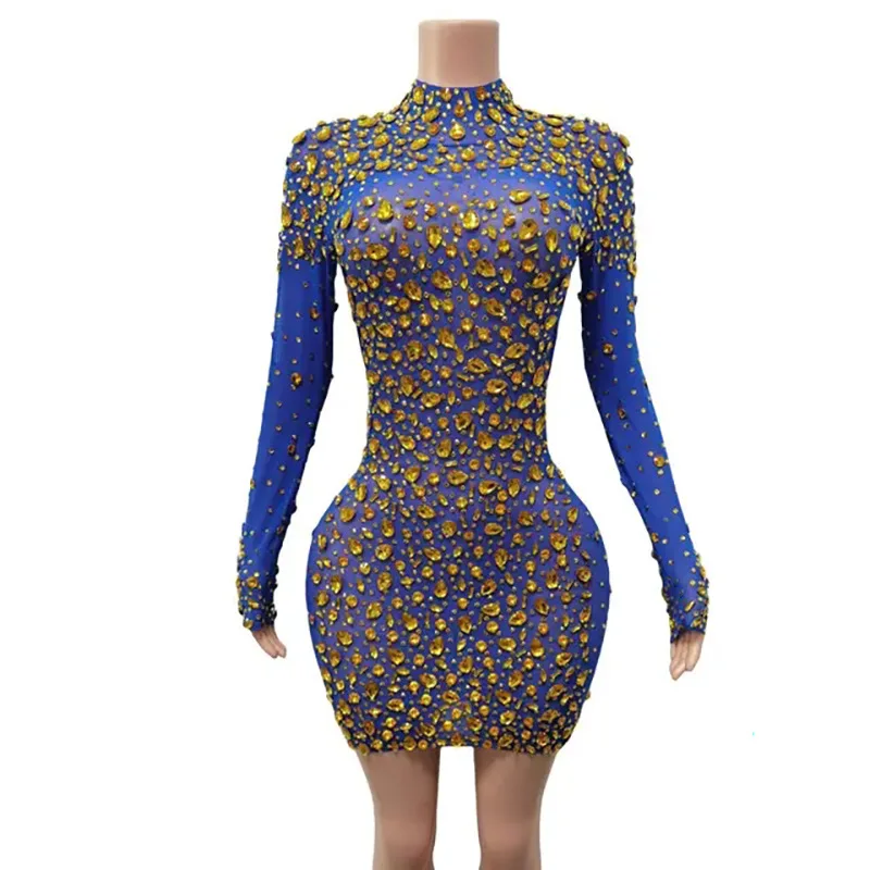 

Fashion Shiny Blue Yarn Gold Diamond Evening Birthday Dress Wedding Party Banquet Clothing Women's Evening Dresses For The Event