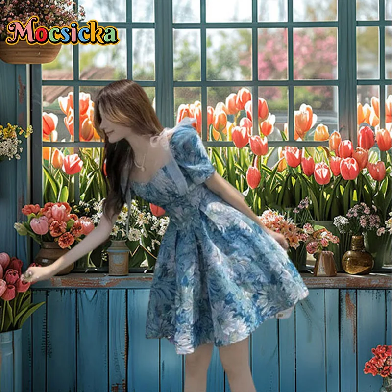 Spring Blue Window Photography Background Colorful Flowers Tulips Woman Maternity Portrait Photo Backdrop Studio Banner Props