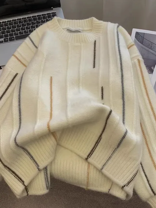 

Утепленный вязаный свитер унисекс с капюшоном в ретро-стиле, в полоску, размеры до 300 Pou, осенне-зимний, мягкий, повседневный, из полиэфирного волокна